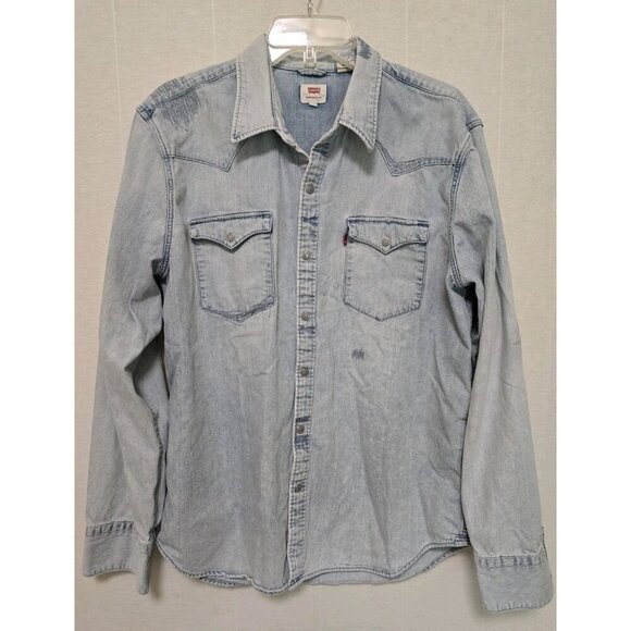 Levi's Mens Scribble Stitched Denim Button Down Shirt Size XL Blue - Picture 1 of 8